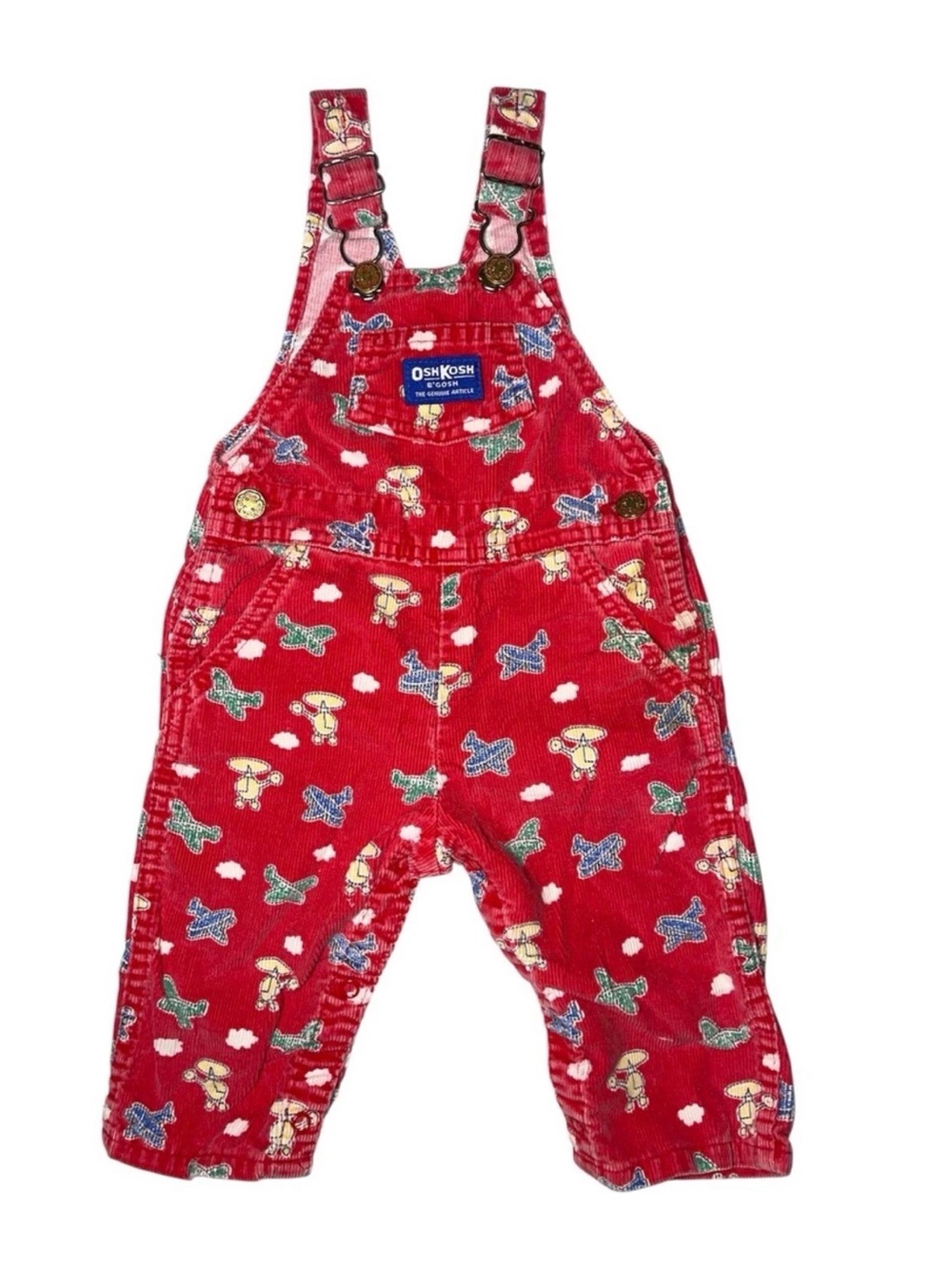 OshKosh B'gosh Red Corduroy Overalls with Airplane & Cloud Print AOP